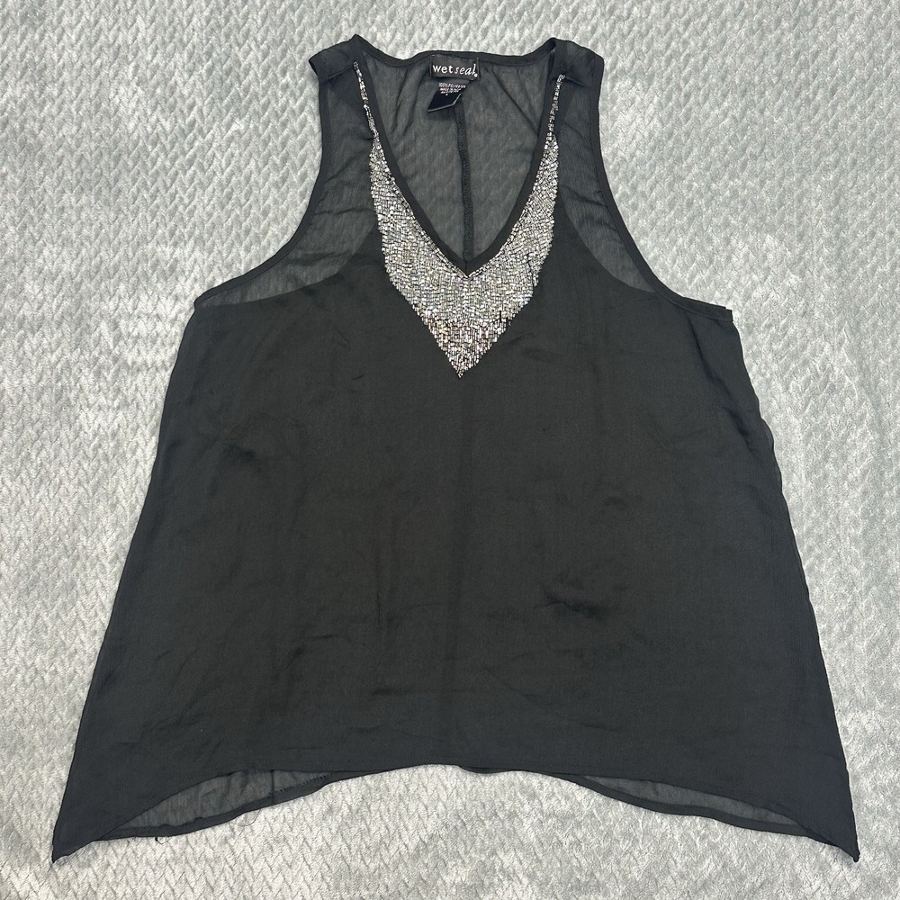Wet Seal Black Chiffon Sheer Tank Women's L Beaded Y2K Sharktooth Hem Witchy Top